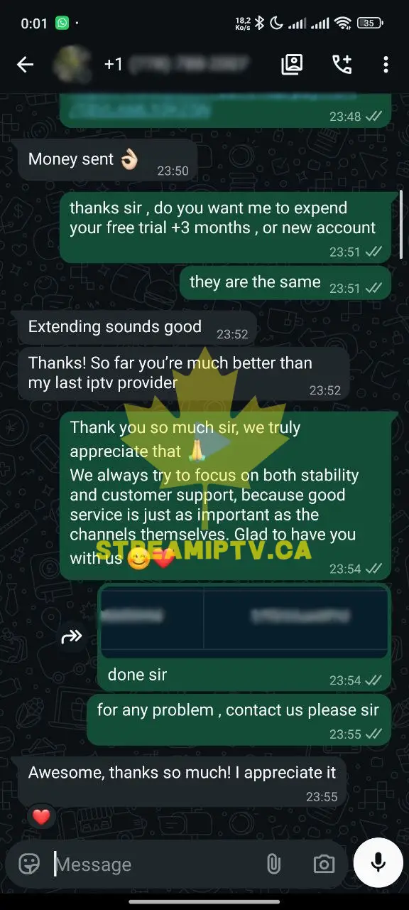 Real anonymized WhatsApp conversation — StreamIPTV activation