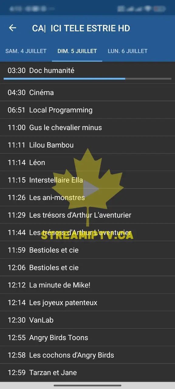 StreamIPTV channel guide on mobile — sports and Canadian channels