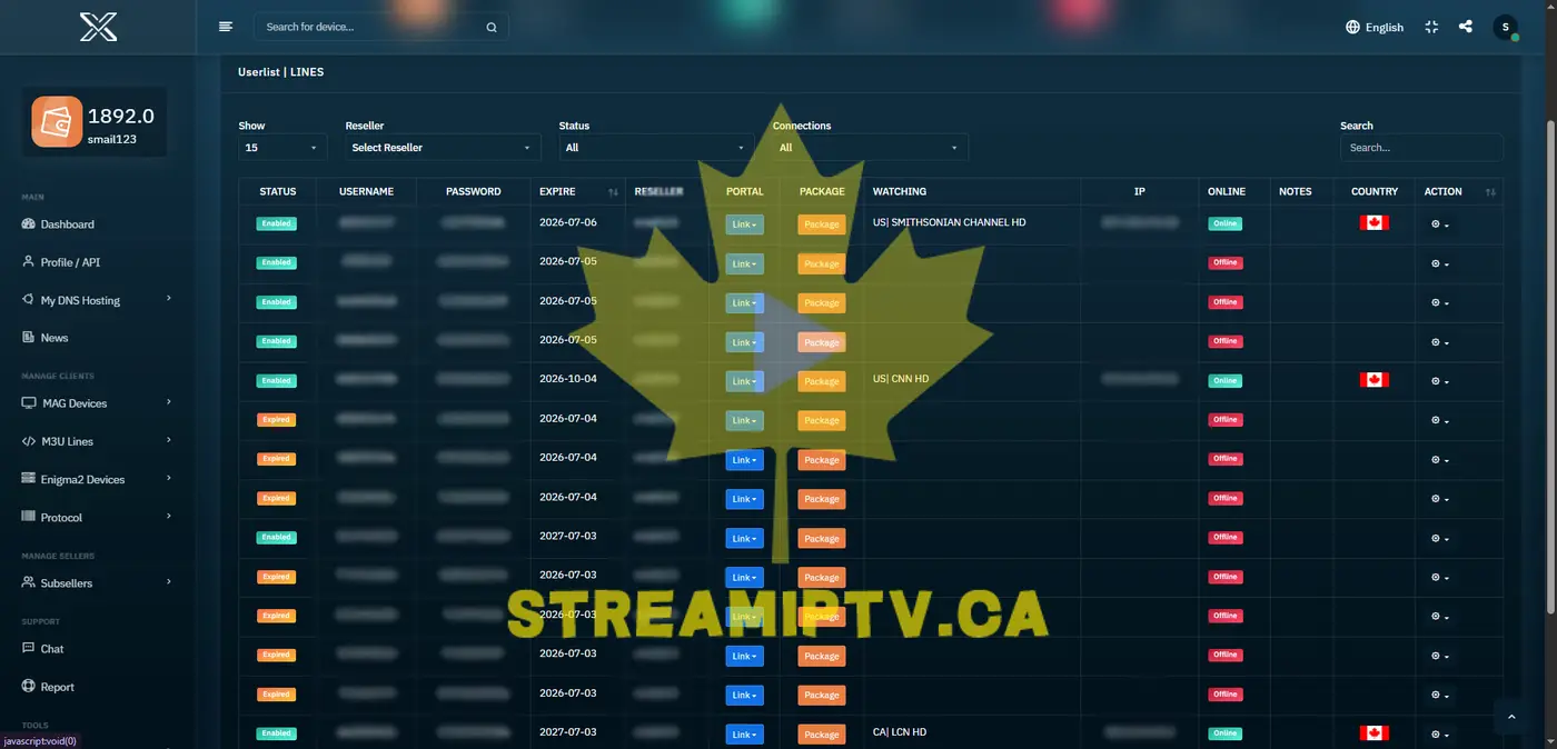 StreamIPTV reseller client management panel