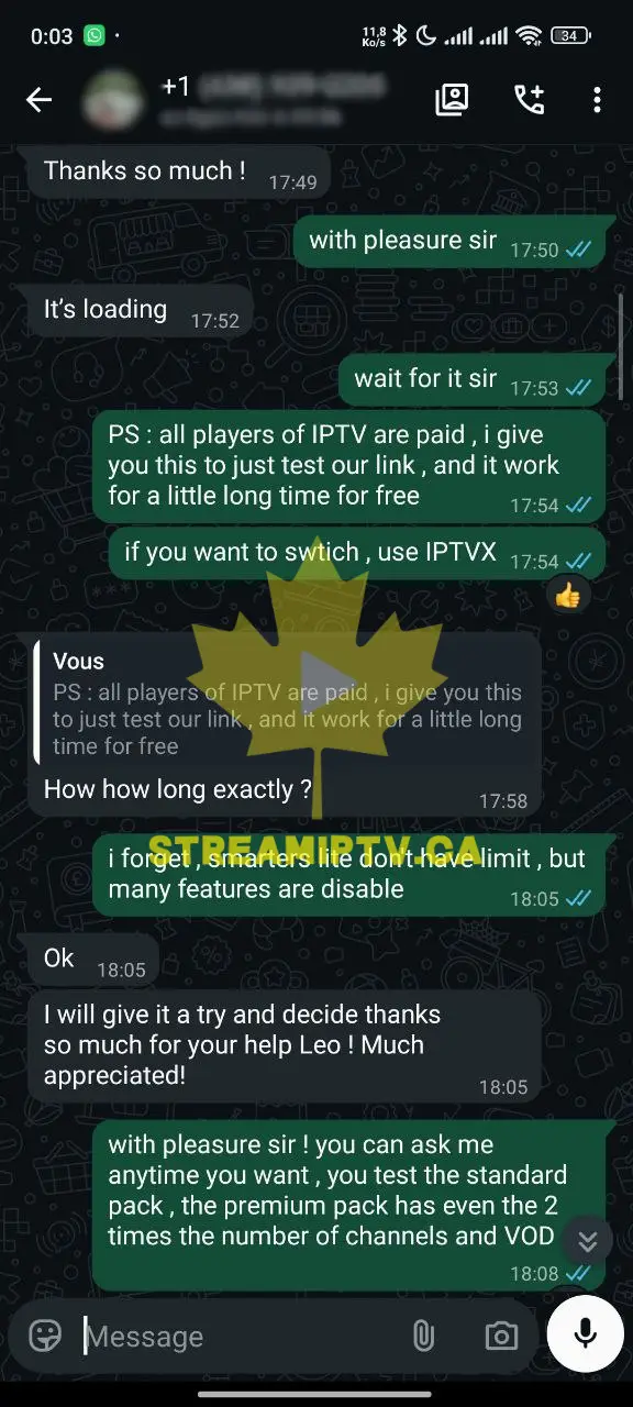 Real anonymized WhatsApp conversation — StreamIPTV activation