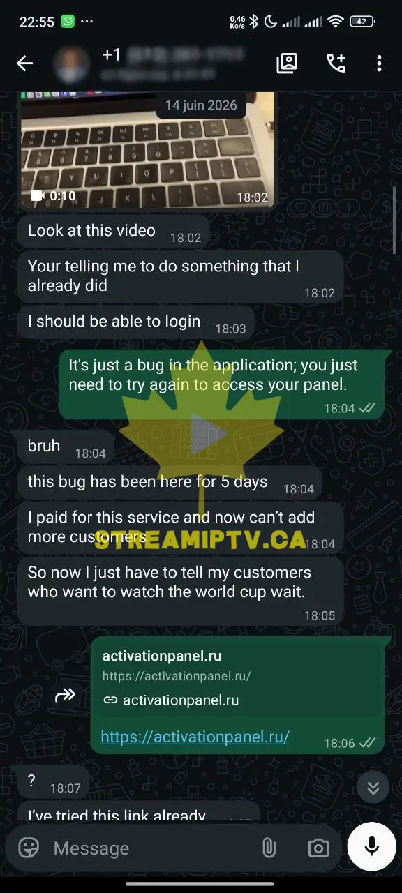 StreamIPTV reseller WhatsApp support conversation