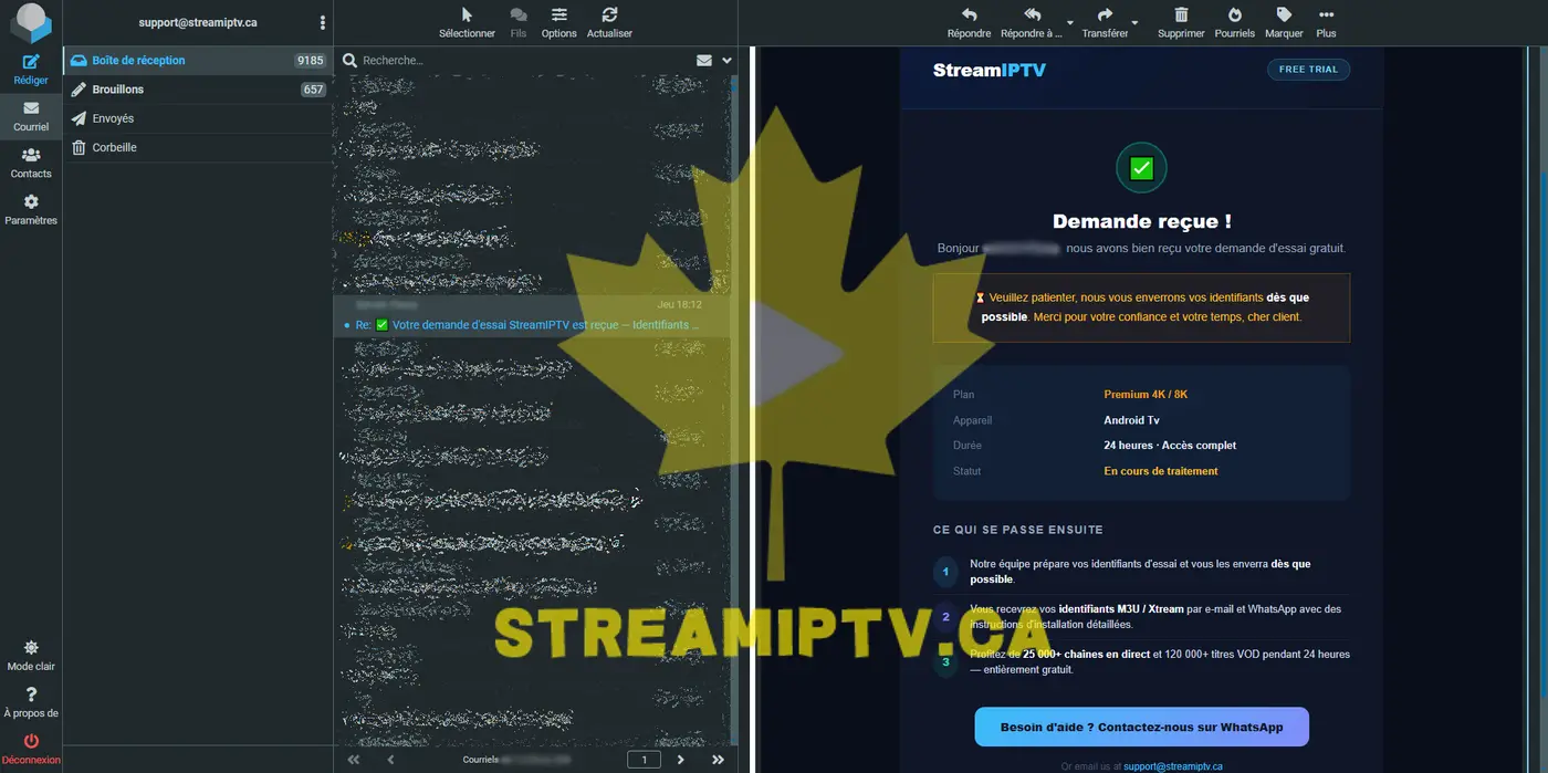 StreamIPTV email support — device setup instructions screenshot