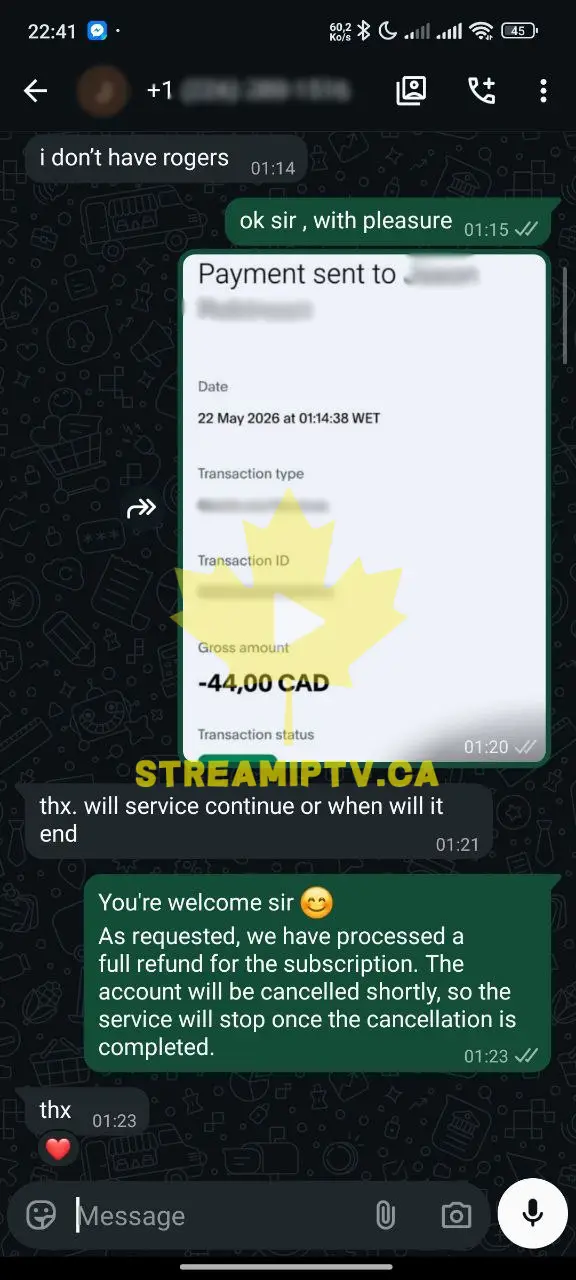 WhatsApp refund conversation — money back guarantee honoured