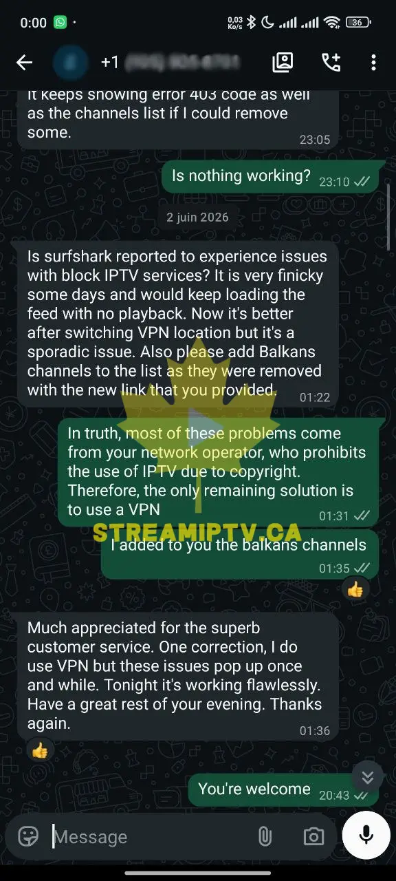 Real anonymized WhatsApp conversation — StreamIPTV activation