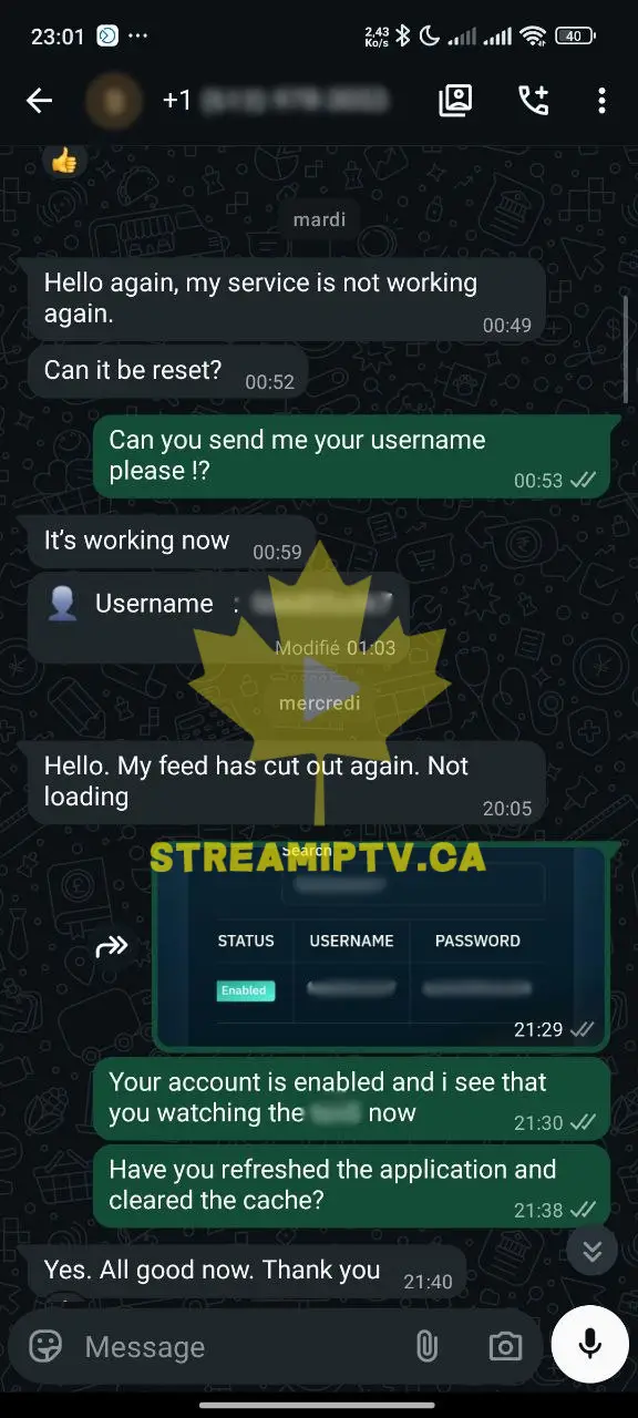 StreamIPTV WhatsApp support — real customer conversation