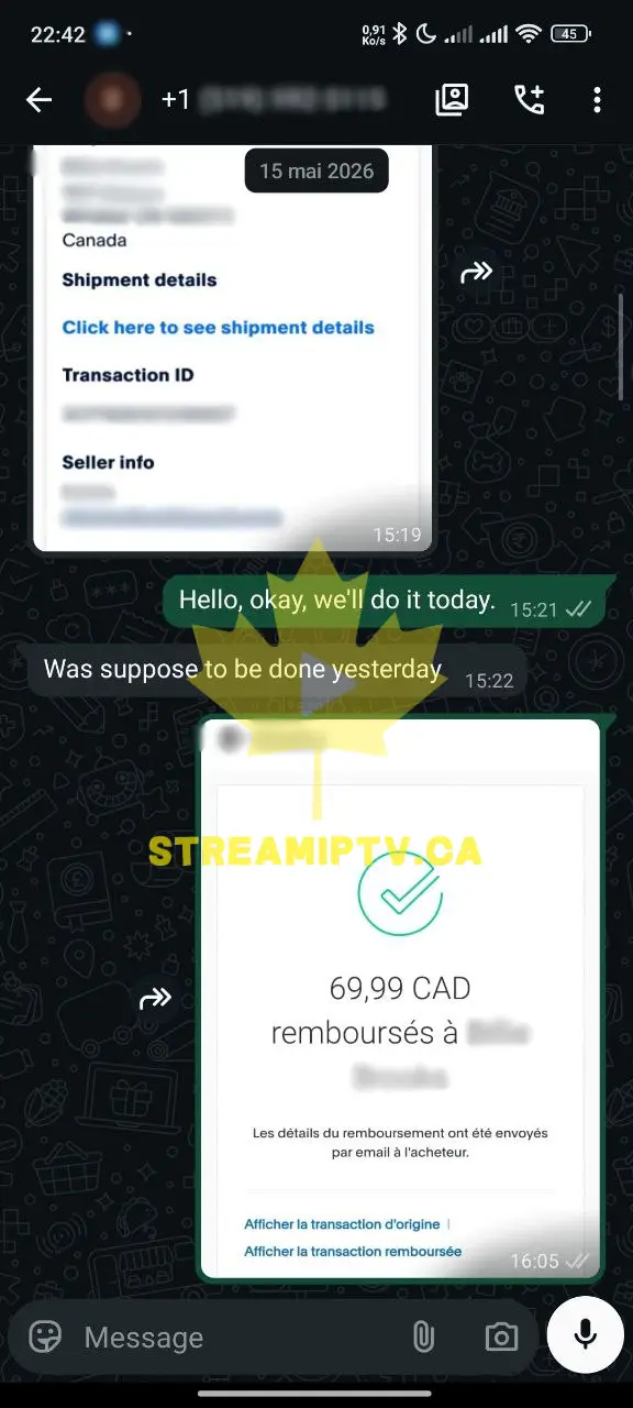 WhatsApp refund conversation — refund confirmed by StreamIPTV