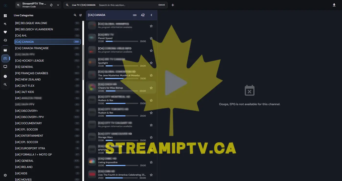 StreamIPTV full channel list — Canadian, French, sports and international live channels