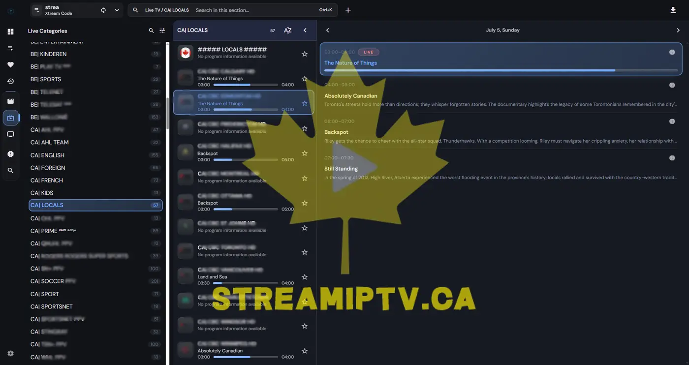StreamIPTV live channel list — Canadian, sports, French channels