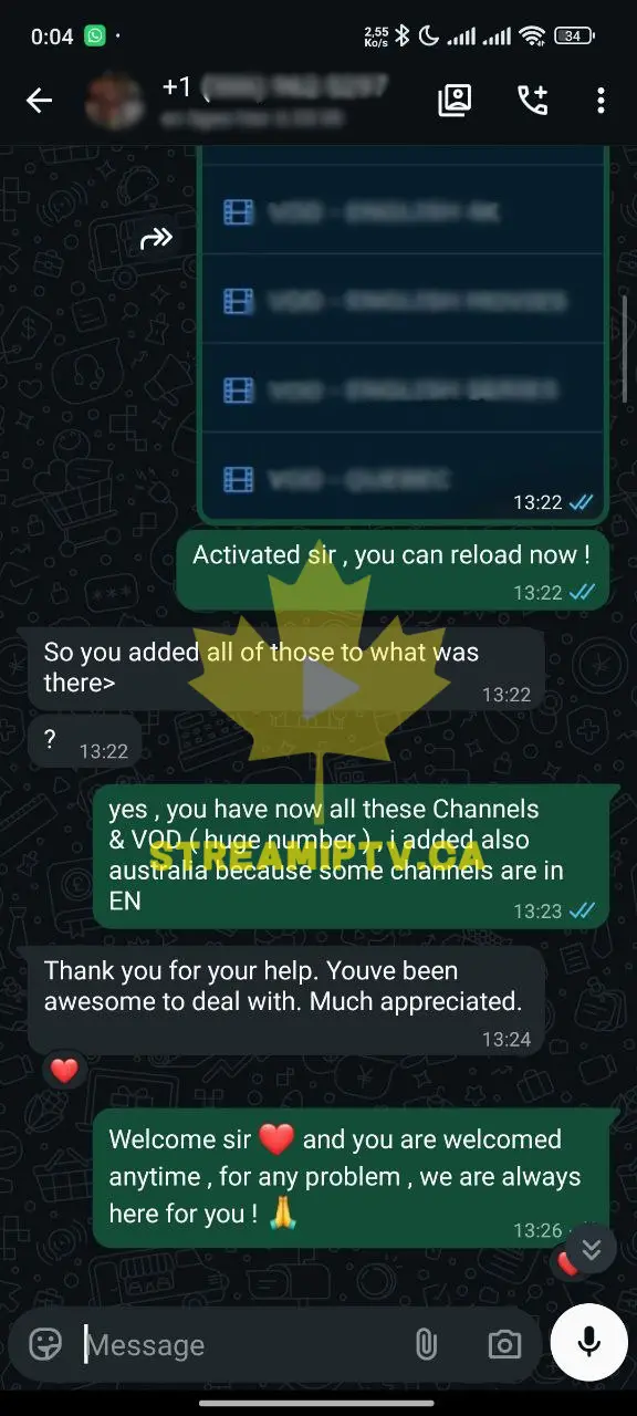 Real anonymized WhatsApp conversation — StreamIPTV activation