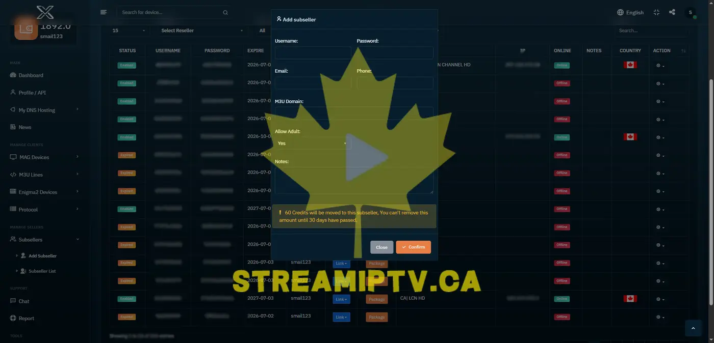 Real StreamIPTV reseller panel — manage client accounts and track earnings