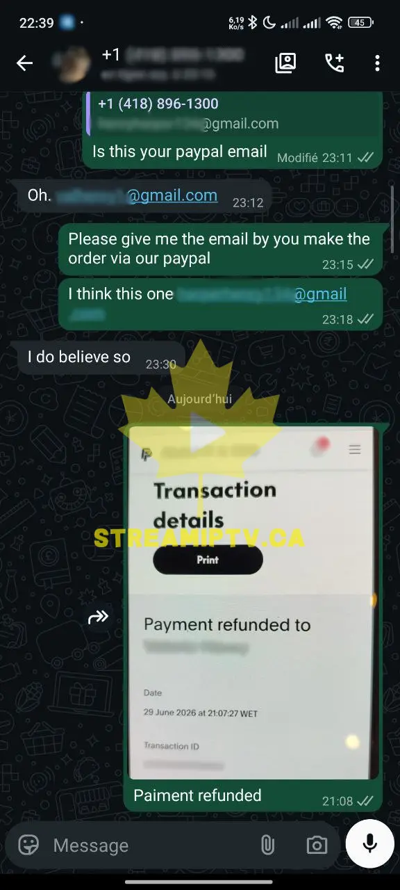 WhatsApp refund conversation — no questions asked refund