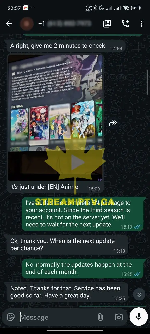 Real anonymized WhatsApp conversation — StreamIPTV activation