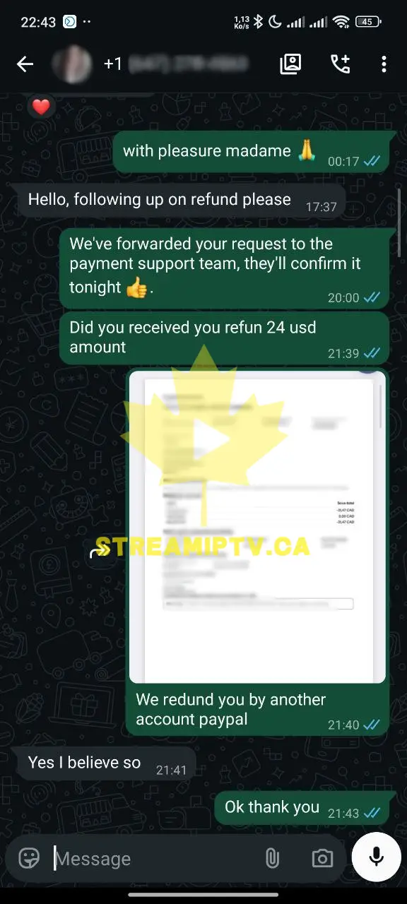 WhatsApp refund conversation — customer refunded within 24 hours